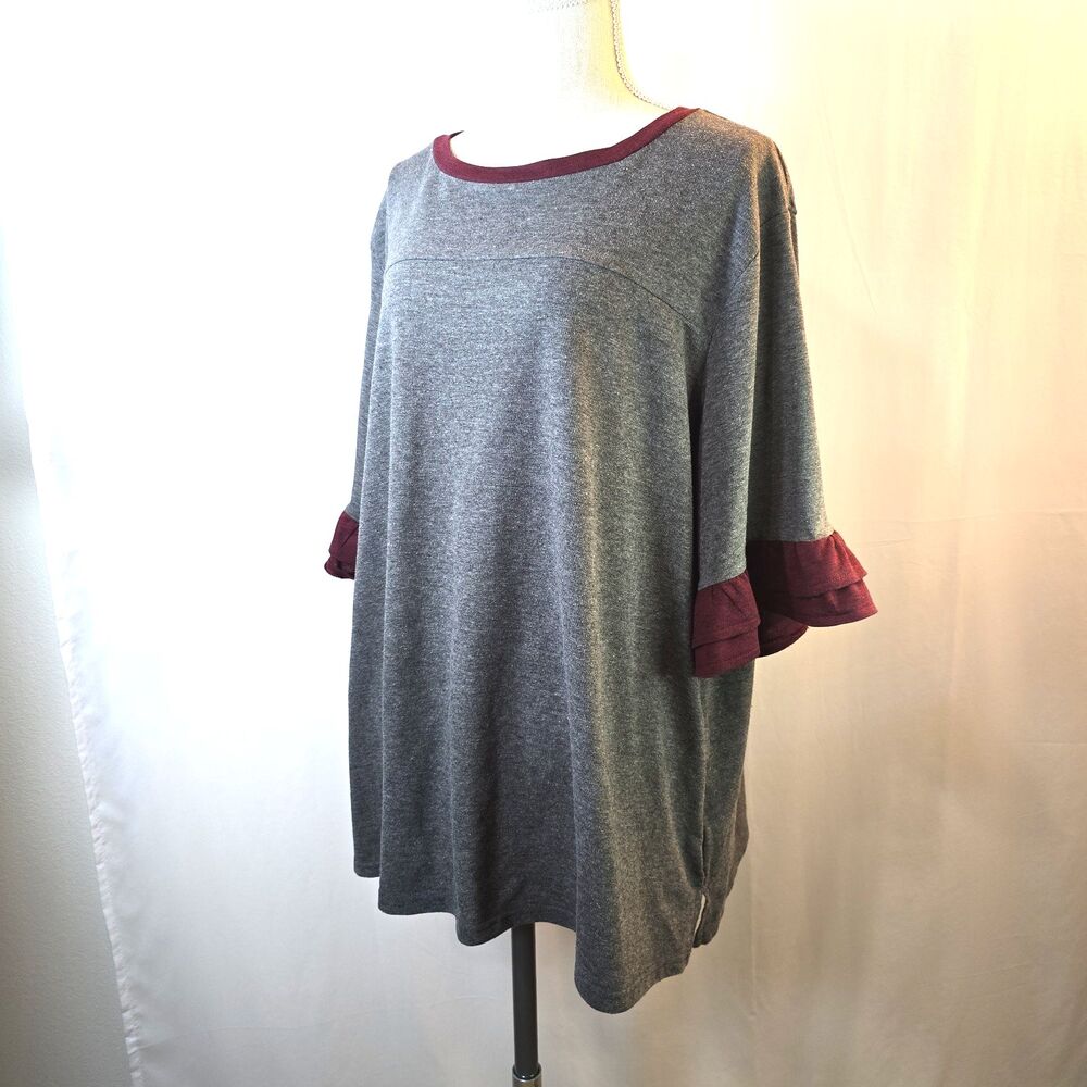 Weekend Suzanne Betro Women’s Tunic Plus Size 3X 3/4 Ruffle Sleeve Grey and Wine